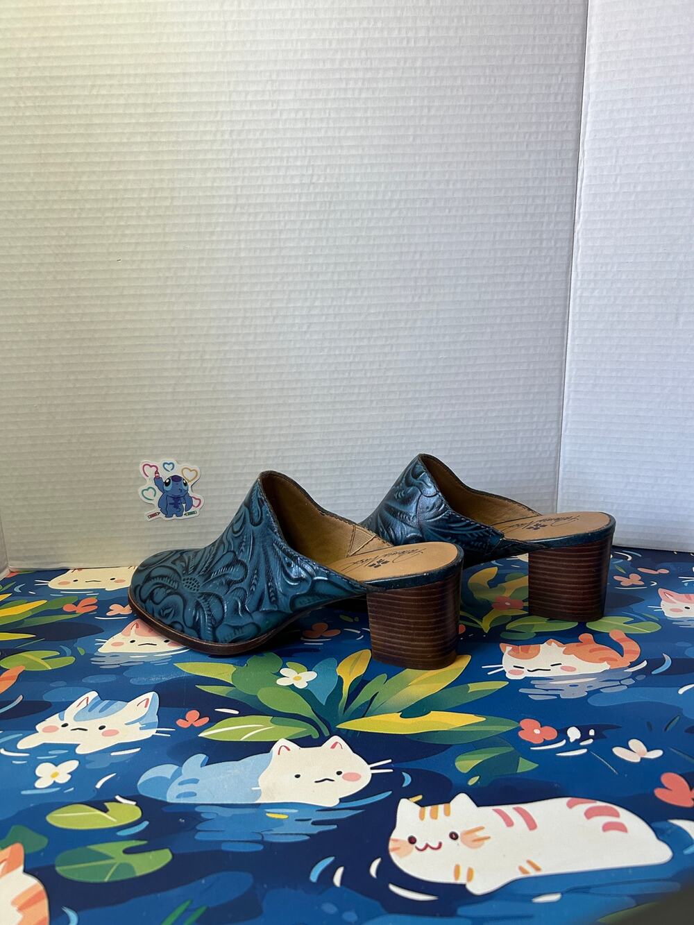 Patricia Nash Sz 9.5 Blue Leather Tooled Floral Nicia Mules Clog Block Heel